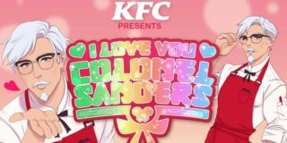A promotional graphic for the I Love You, Colonel Sanders dating sim, featuring two anime-style Colonel Sanders, one blowing a kiss at the viewer and the other one adjusting his glasses.