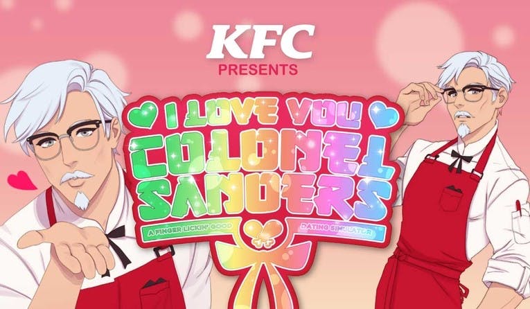 A promotional graphic for the I Love You, Colonel Sanders dating sim, featuring two anime-style Colonel Sanders, one blowing a kiss at the viewer and the other one adjusting his glasses.