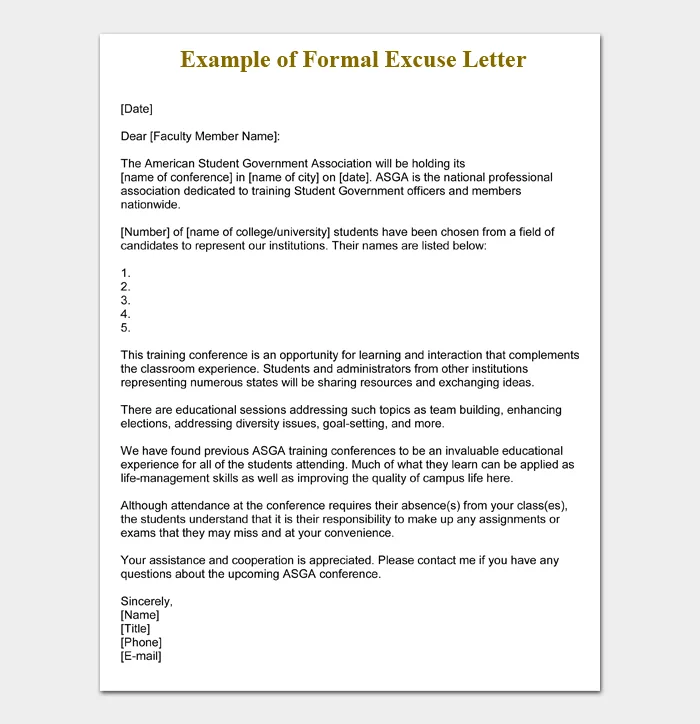 Formal Excuse Letters (10+ FREE Samples & Templates) - purshoLOGY Document Formats