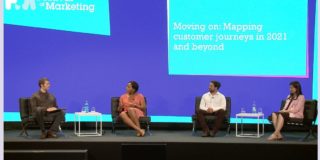 Ben Davis speaks to Chi Evi-Parker, Rav Dhaliwal and Inés Ures on a stage at the Festival of Marketing.