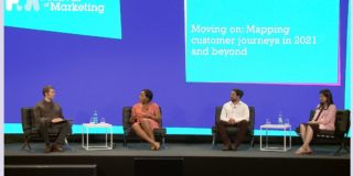 Ben Davis speaks to Chi Evi-Parker, Rav Dhaliwal and In&eacute;s Ures on a stage at the Festival of Marketing.