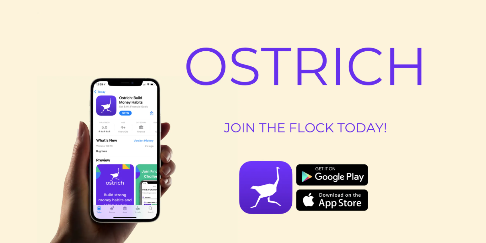 A hand holding a mobile phone with the screen showing the app page in Apples App Store Large text reads Ostrich join the flock today There are icons for the app logoa stylized white ostrich on a purple backgroundand examples of download buttons