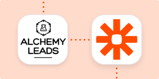 A light orange background behind two squares with rounded corners. Inside the squares are the logos for AlchemyLeads and Zapier. The squares re connected with dotted orange lines.