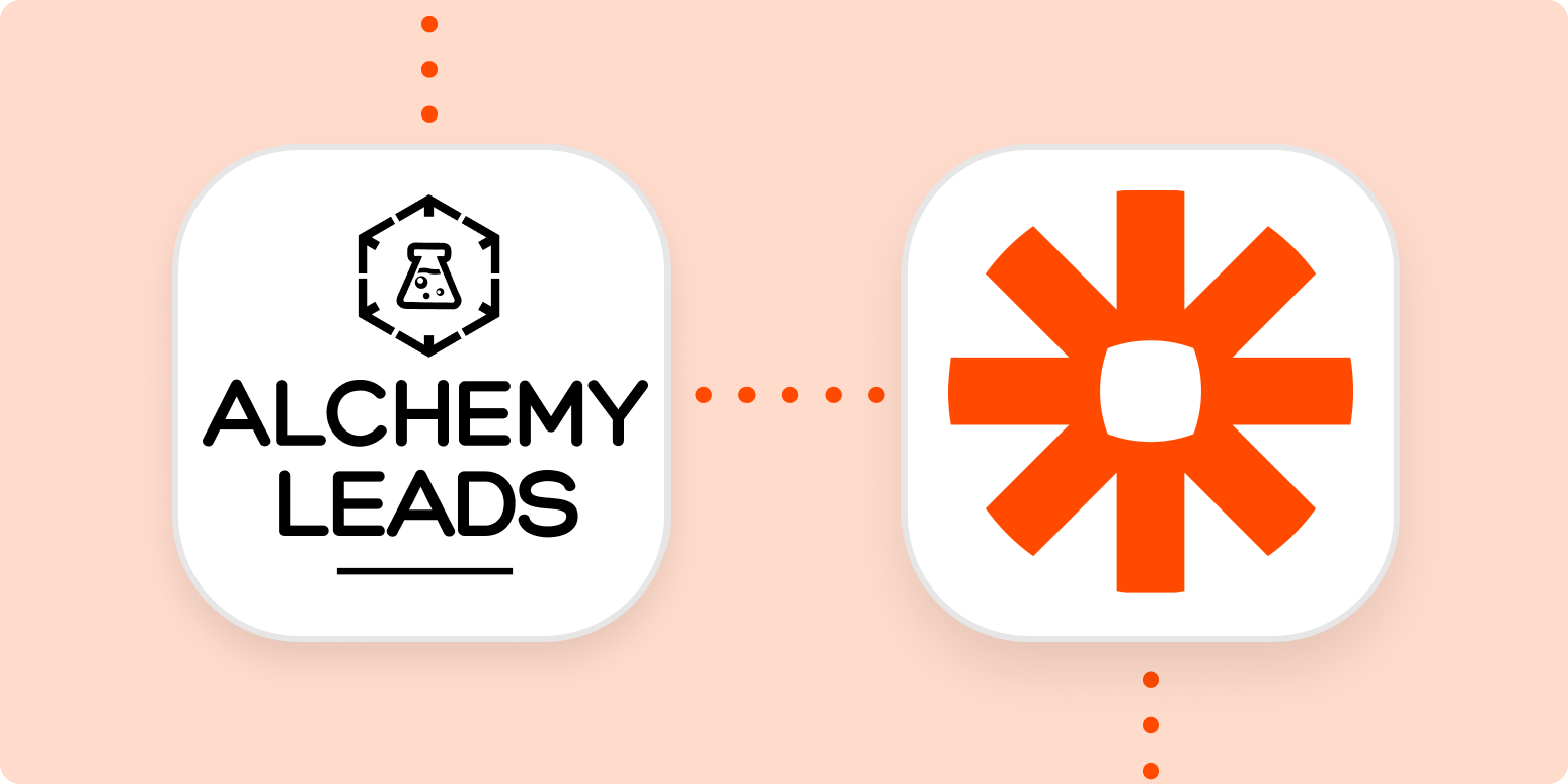 A light orange background behind two squares with rounded corners Inside the squares are the logos for AlchemyLeads and Zapier The squares re connected with dotted orange lines