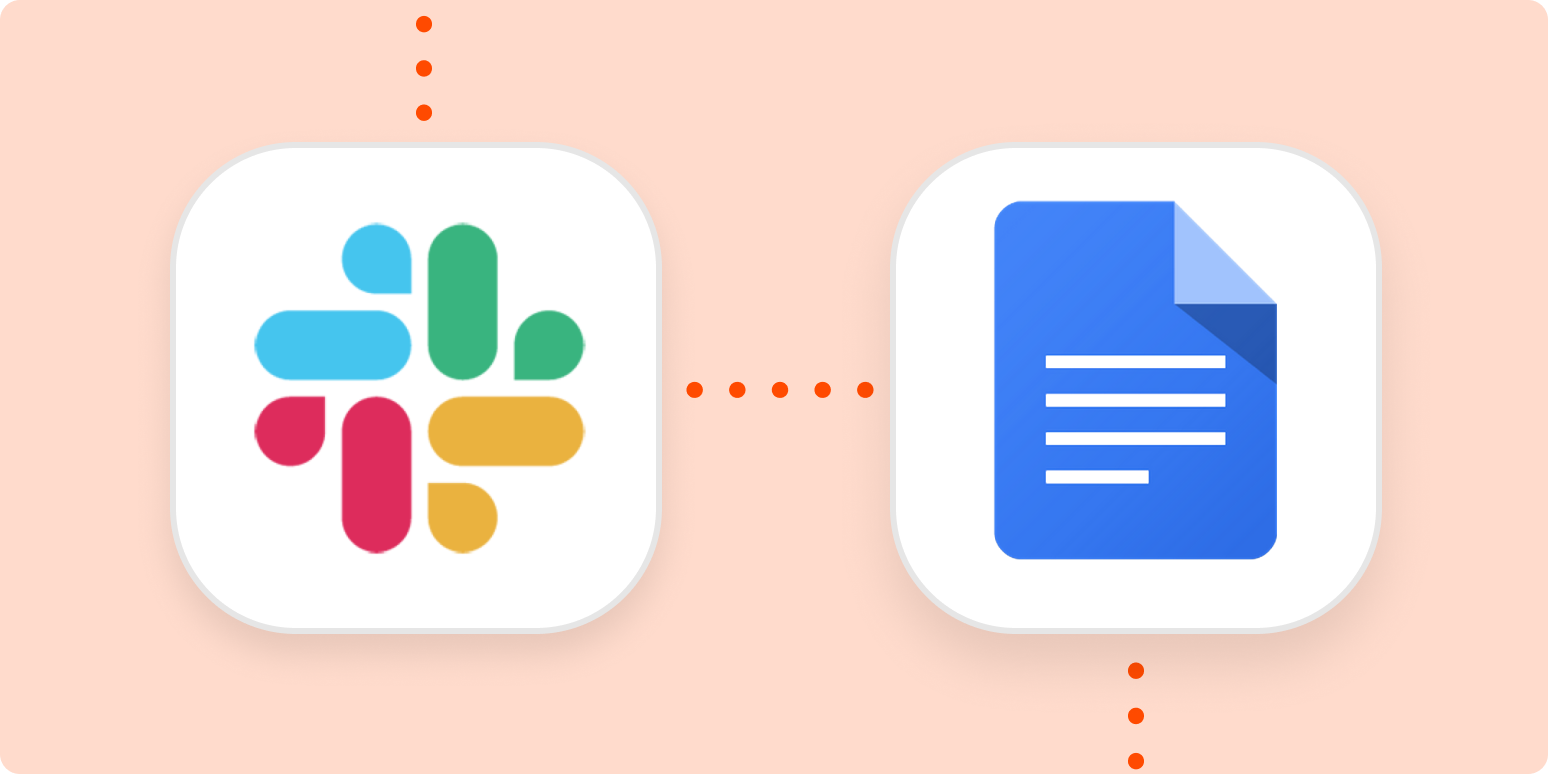 The logos for Slack and Google Docs in white squares on an orange background The squares are connected with dotted orange lines