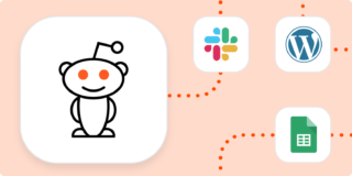 The logo for Reddit in a large white square connected by dotted lines to the logos for Slack, WordPress, and Google Sheets, all in separate, smaller white squares.