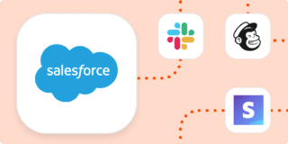 The Salesforce logo in a large white square connected by dotted orange lines to smaller squares containing the logos for Slack, Mailchimp, and Stripe.