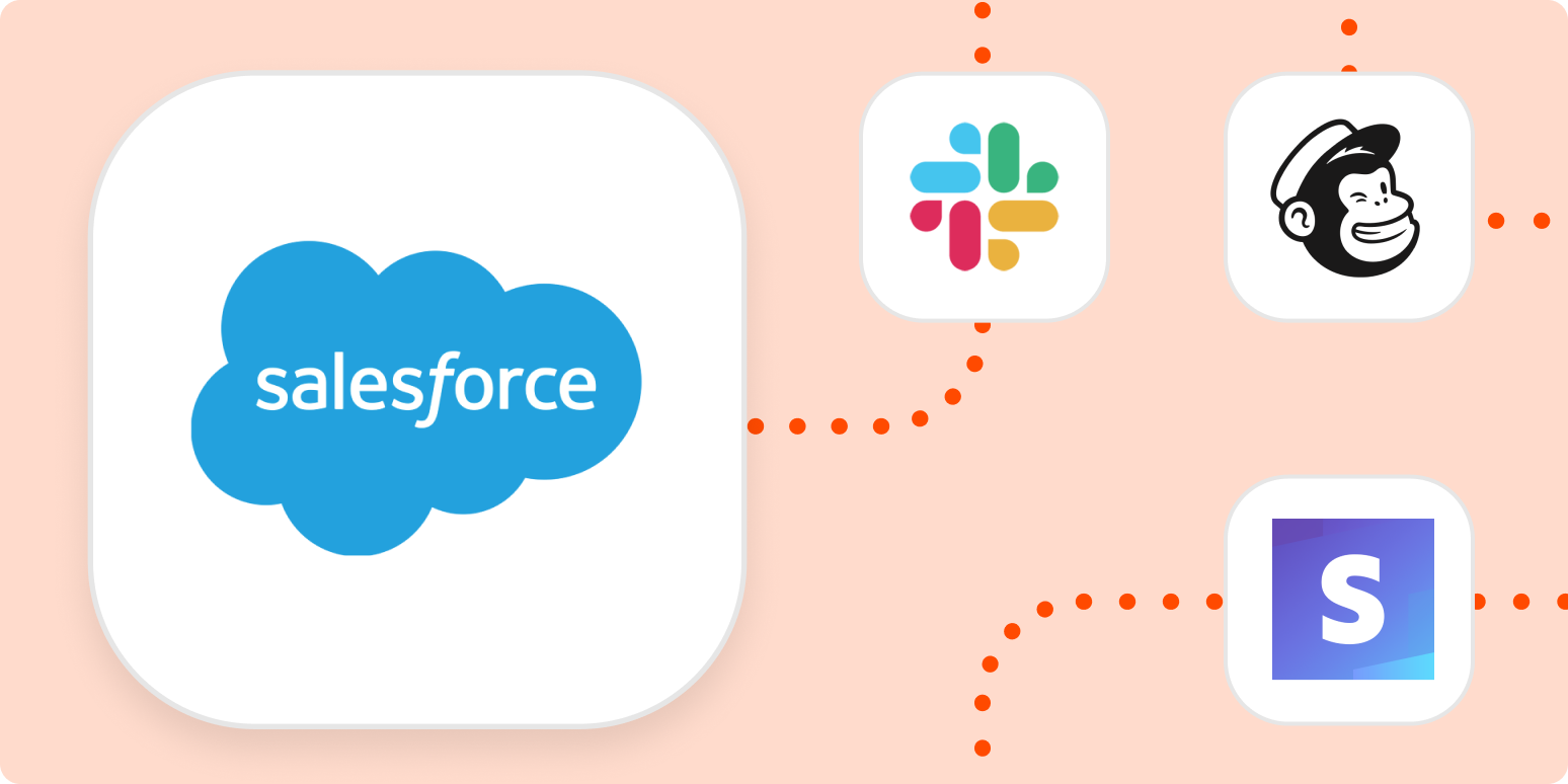 The Salesforce logo in a large white square connected by dotted orange lines to smaller squares containing the logos for Slack Mailchimp and Stripe