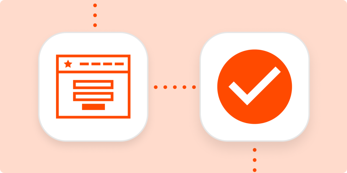 Bright orange icons representing an online form and a completed task inside white squares connected by dotted lines, all on a pale orange background.