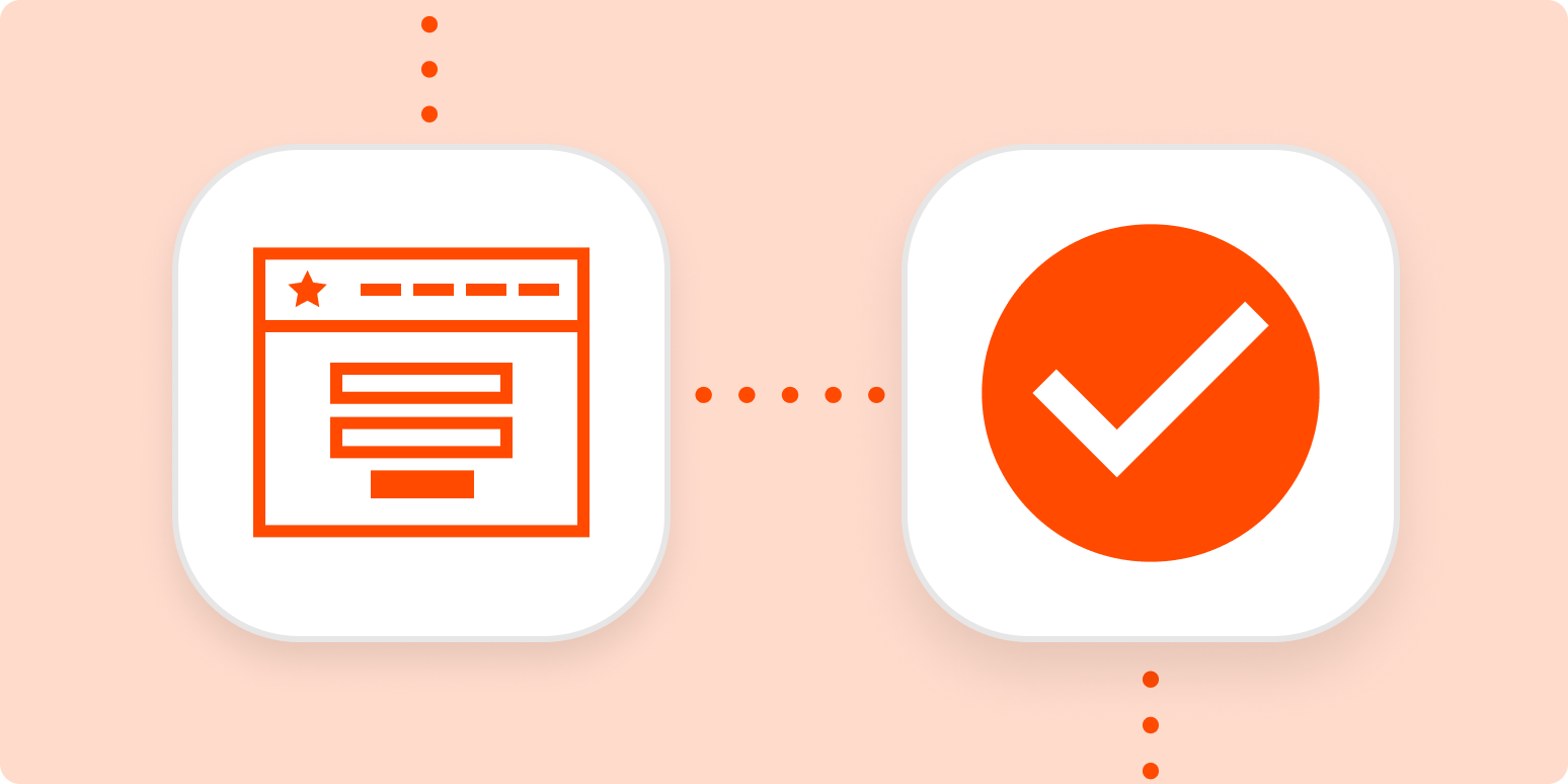 Bright orange icons representing an online form and a completed task inside white squares connected by dotted lines all on a pale orange background