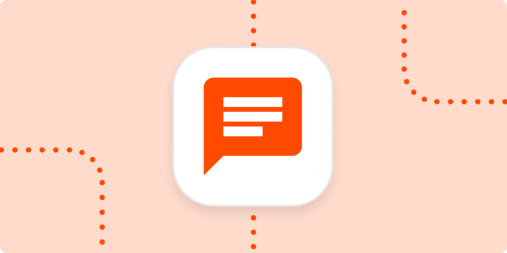 An icon representing a chat message in a white square on a pale orange background