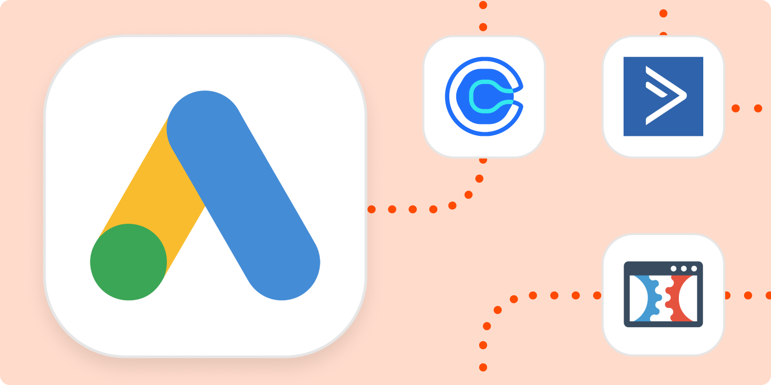 The logo for Google Ads in a large white square connected by dotted lines to the logos for Calendly ActiveCampaign and ClickFunnels