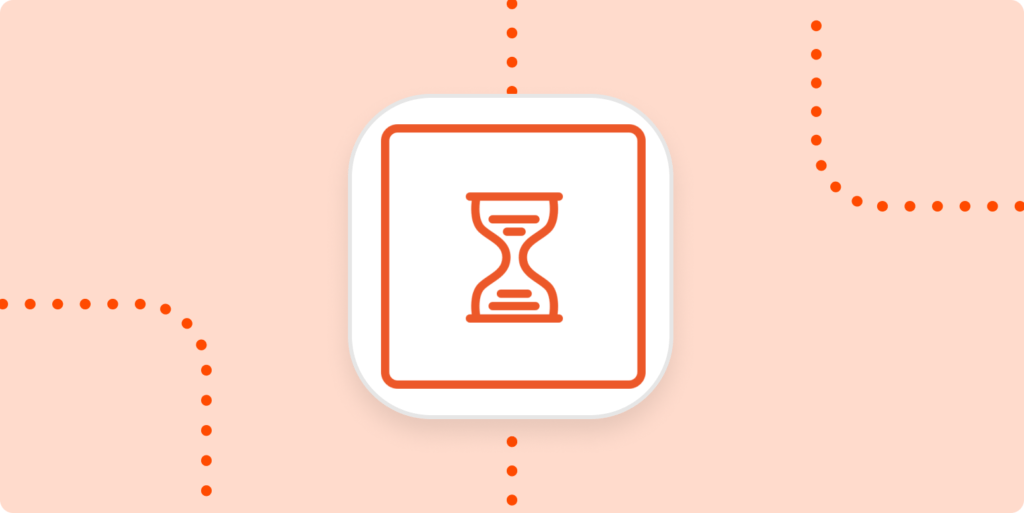 The logo for Delay by Zapier—which looks like an hourglass in an orange rectangle—inside a white square on a light orange rectangle.