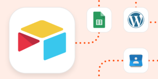 Hero image for automation inspiration with the Airtable logo connected by dots to the logos of Google Sheets, Wordpress, and Google Contacts