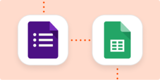 A purple Google Forms app icon and a green Google Sheets icon on an orange background with a dark orange dotted line connecting the two icons.
