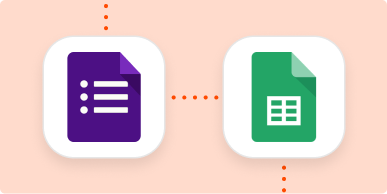 A purple Google Forms app icon and a green Google Sheets icon on an orange background with a dark orange dotted line connecting the two icons