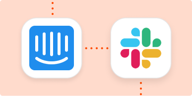 The blue Intercom app logo connected to the Slack app logo with orange dotted lines on an orange background