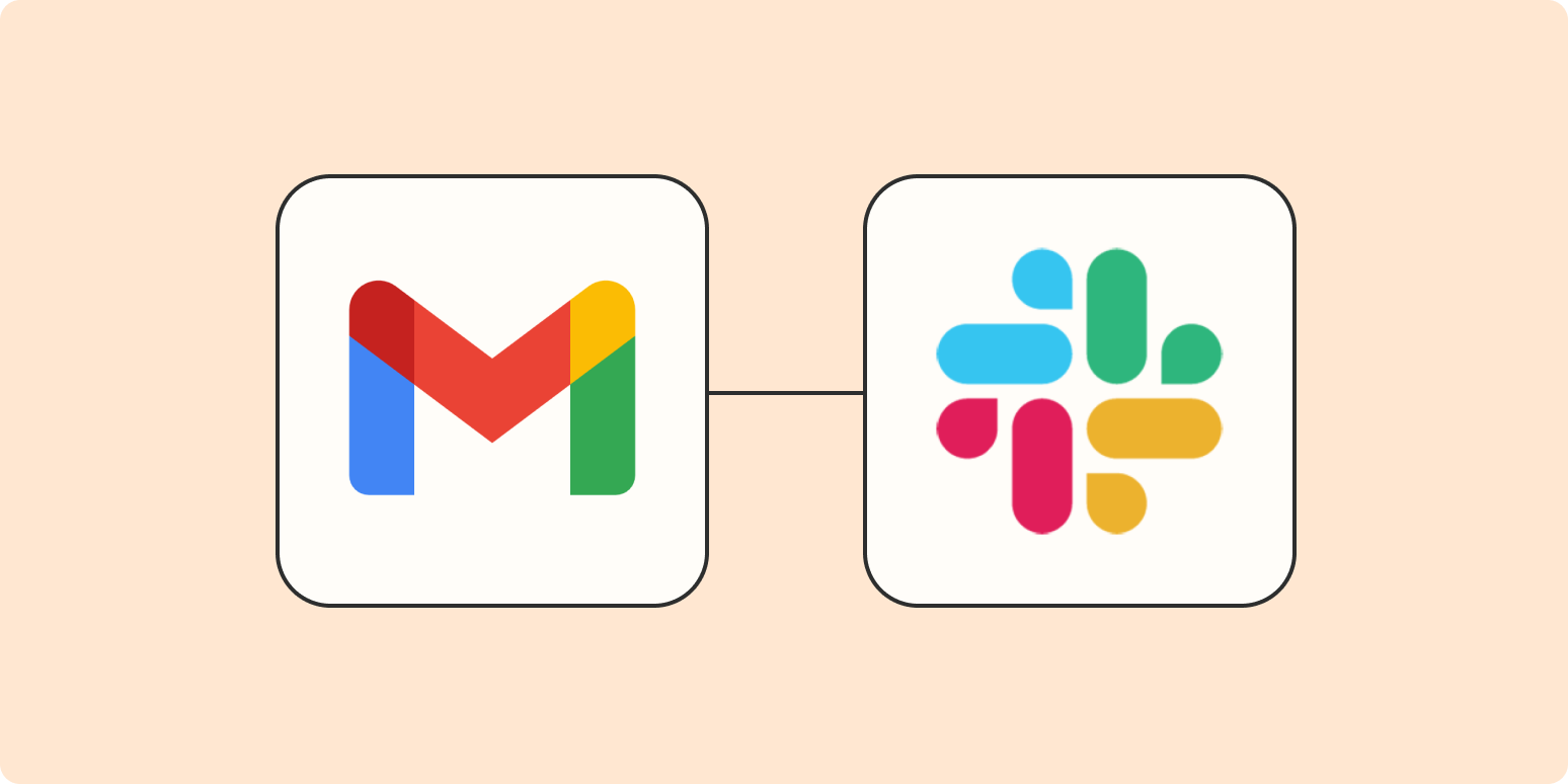 Hero image of the Gmail app logo connected to the Slack logo on a light orange background