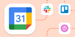 The Google Calendar app icon connected to other app icons with a dark orange dotted line on a light orange background.