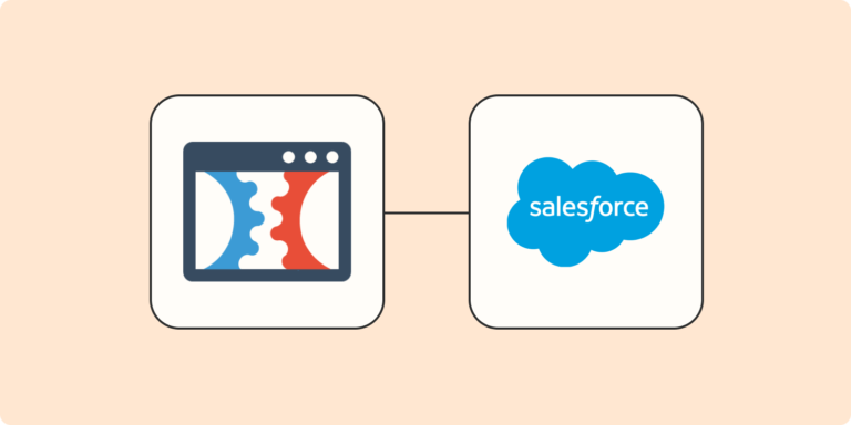 Hero image of the ClickFunnels app logo connected to the Salesforce app logo with a line on a light orange background.