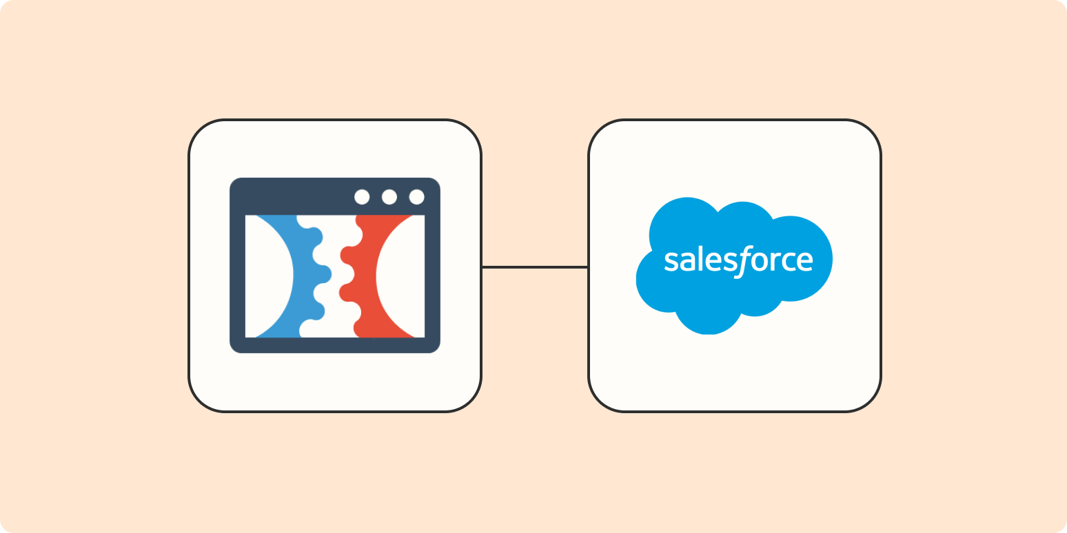 Hero image of the ClickFunnels app logo connected to the Salesforce app logo with a line on a light orange background