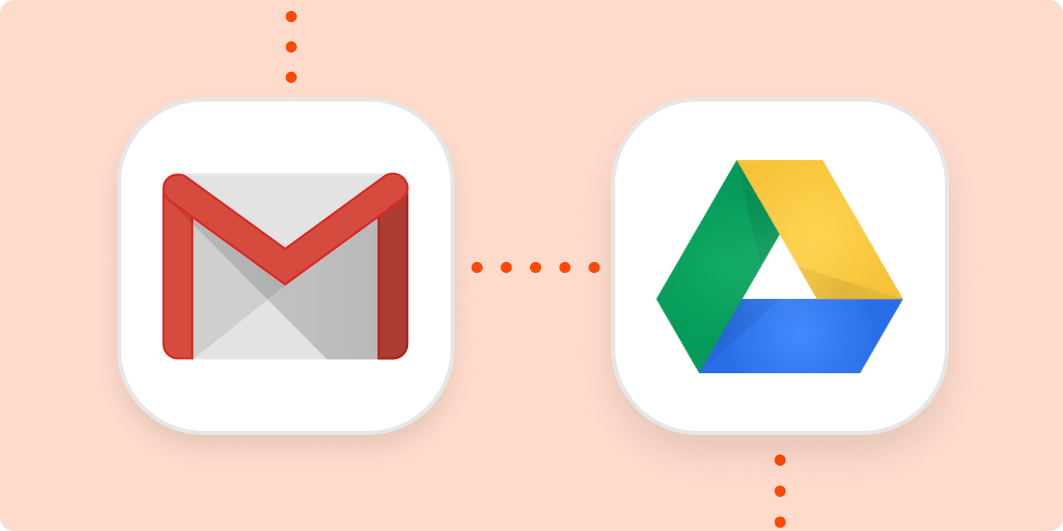 The Gmail logo connected to the Google Drive logo by orange dotted lines on a light orange background