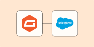Hero image of the Gravity Forms app logo connected to the Salesforce app logo on a light orange background.
