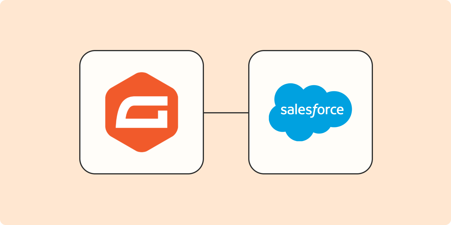 Hero image of the Gravity Forms app logo connected to the Salesforce app logo on a light orange background