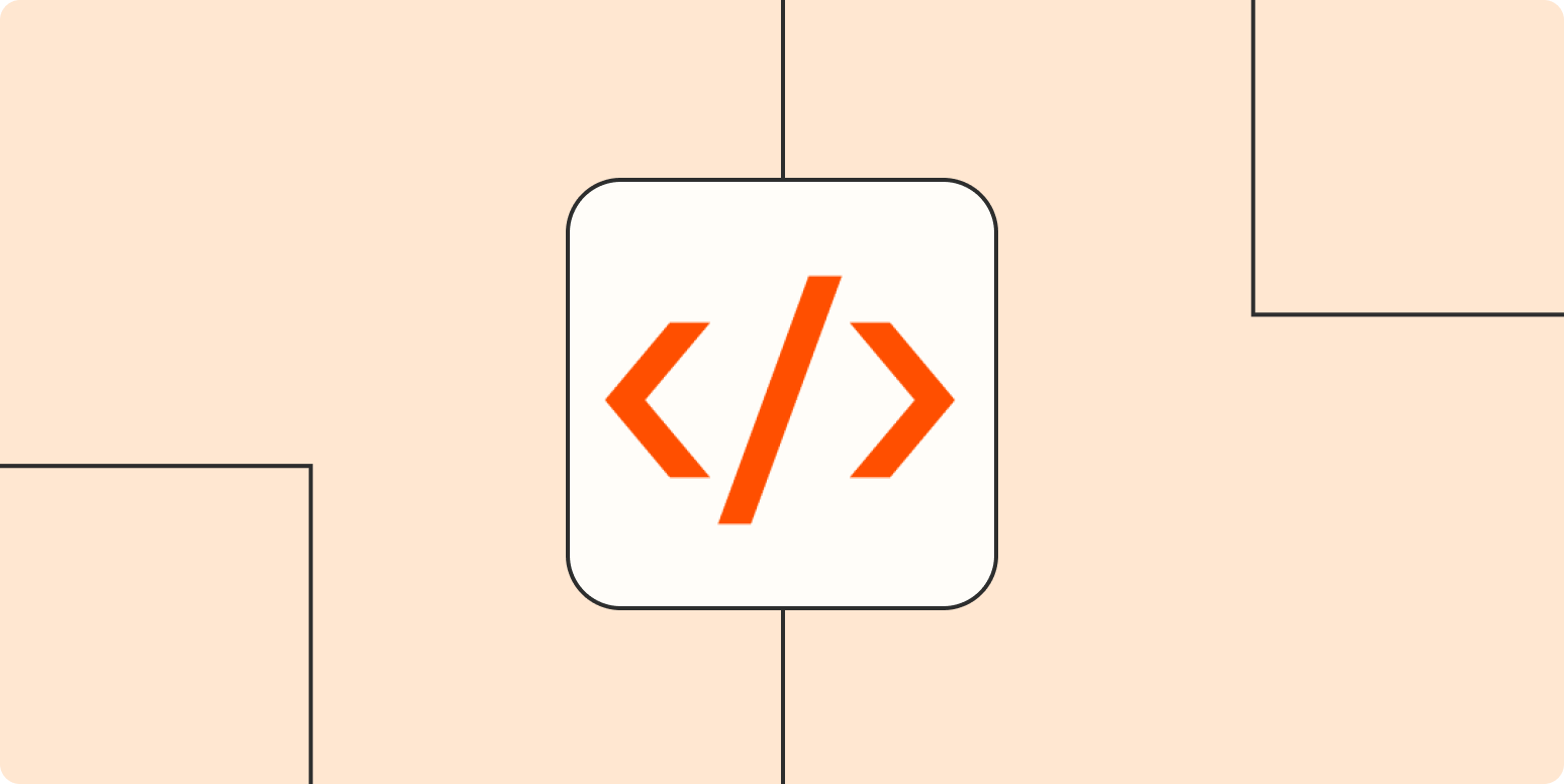 A hero image with the Code by Zapier app logo on a light orange background