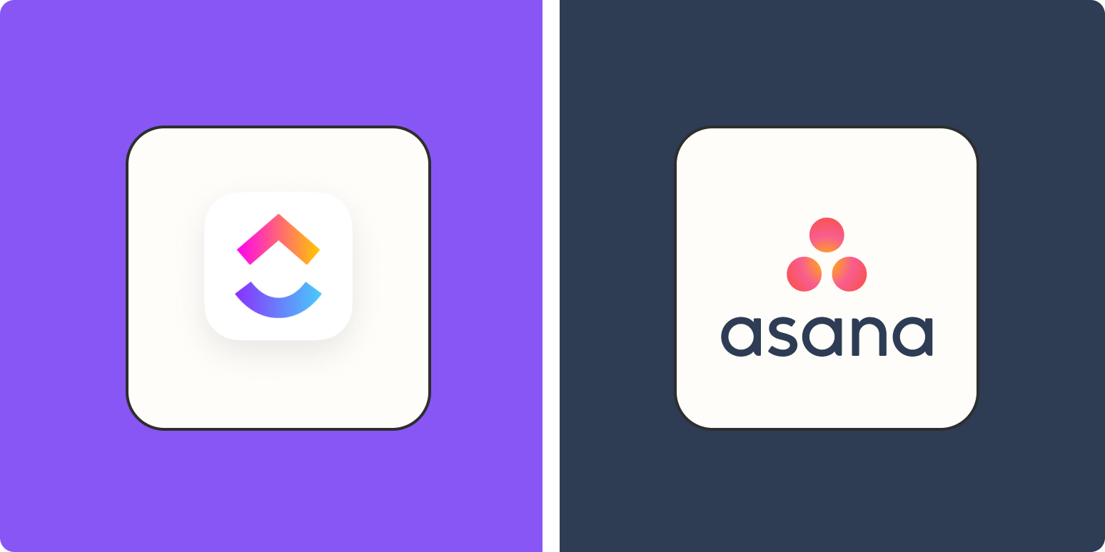 A hero image for app comparisons, with the ClickUp and Asana logos