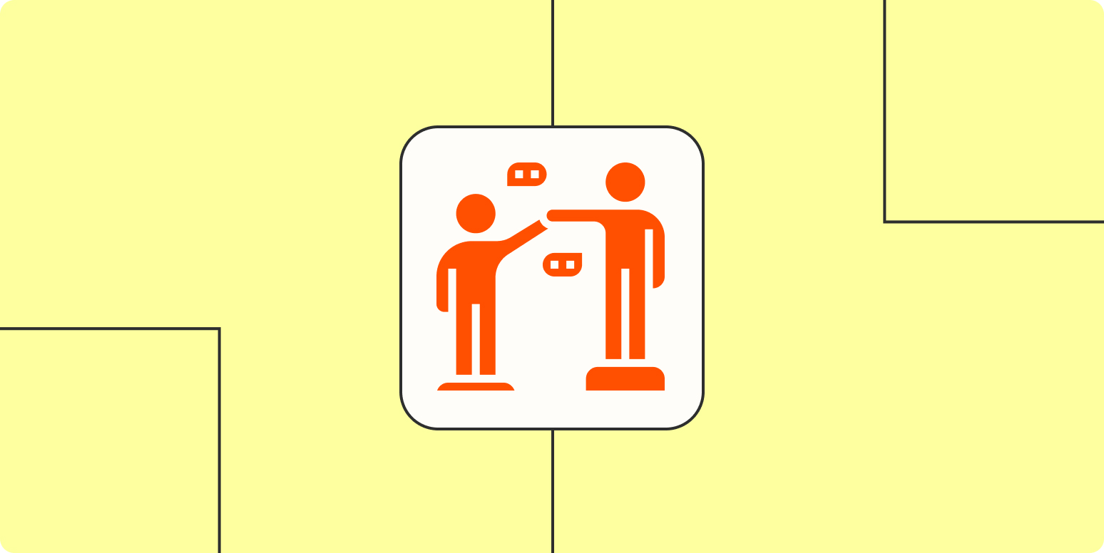 An orange icon with two people reaching towards each other with speech bubbles on a light yellow background.