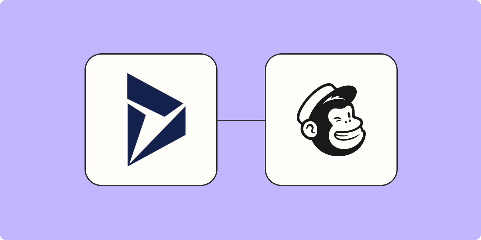 Hero image with the Microsoft Dynamic app logo connected to the Mailchimp app logo on a light purple background
