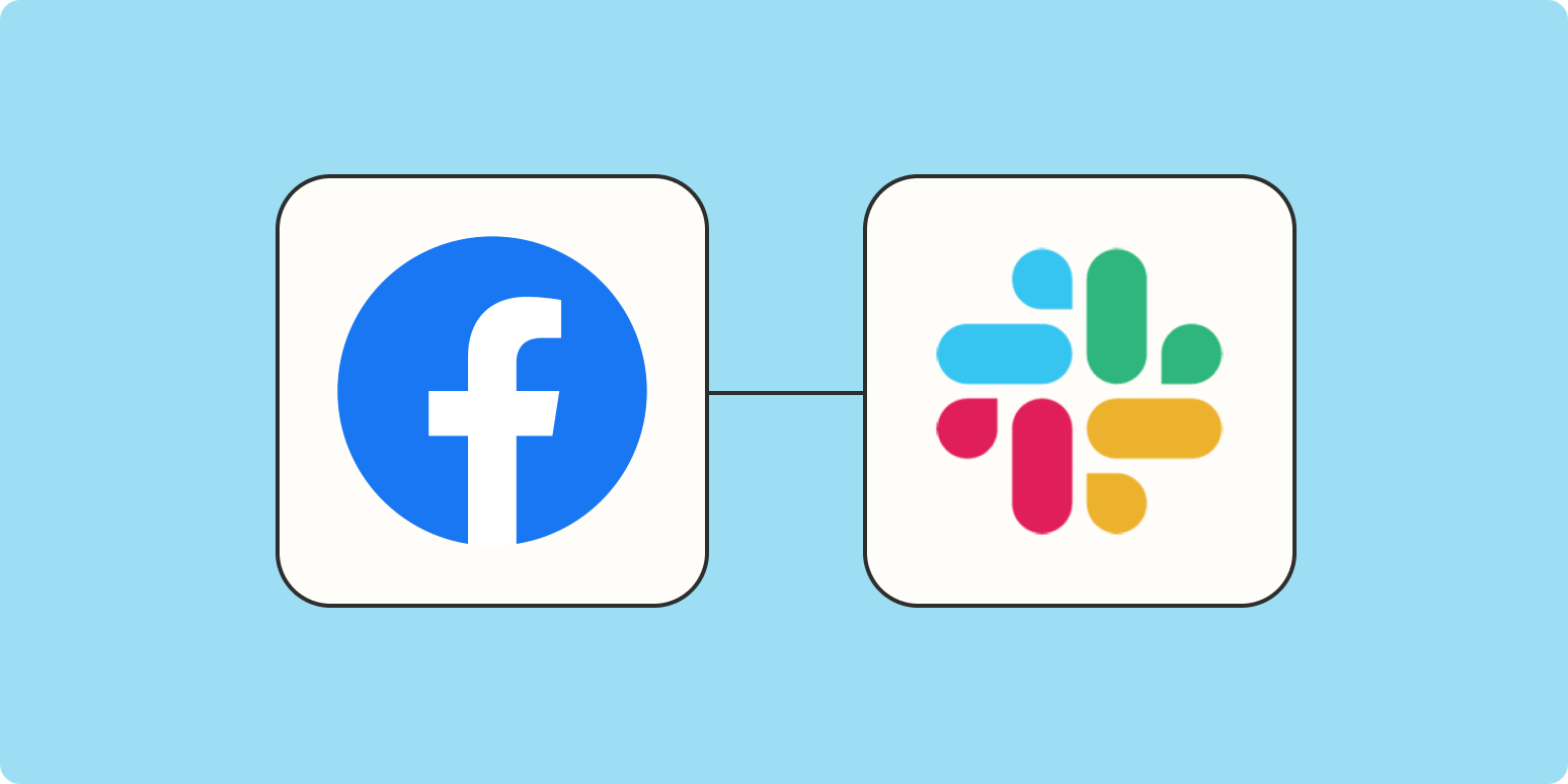 The Facebook logo connected to the Slack logo with a black line on a light blue background
