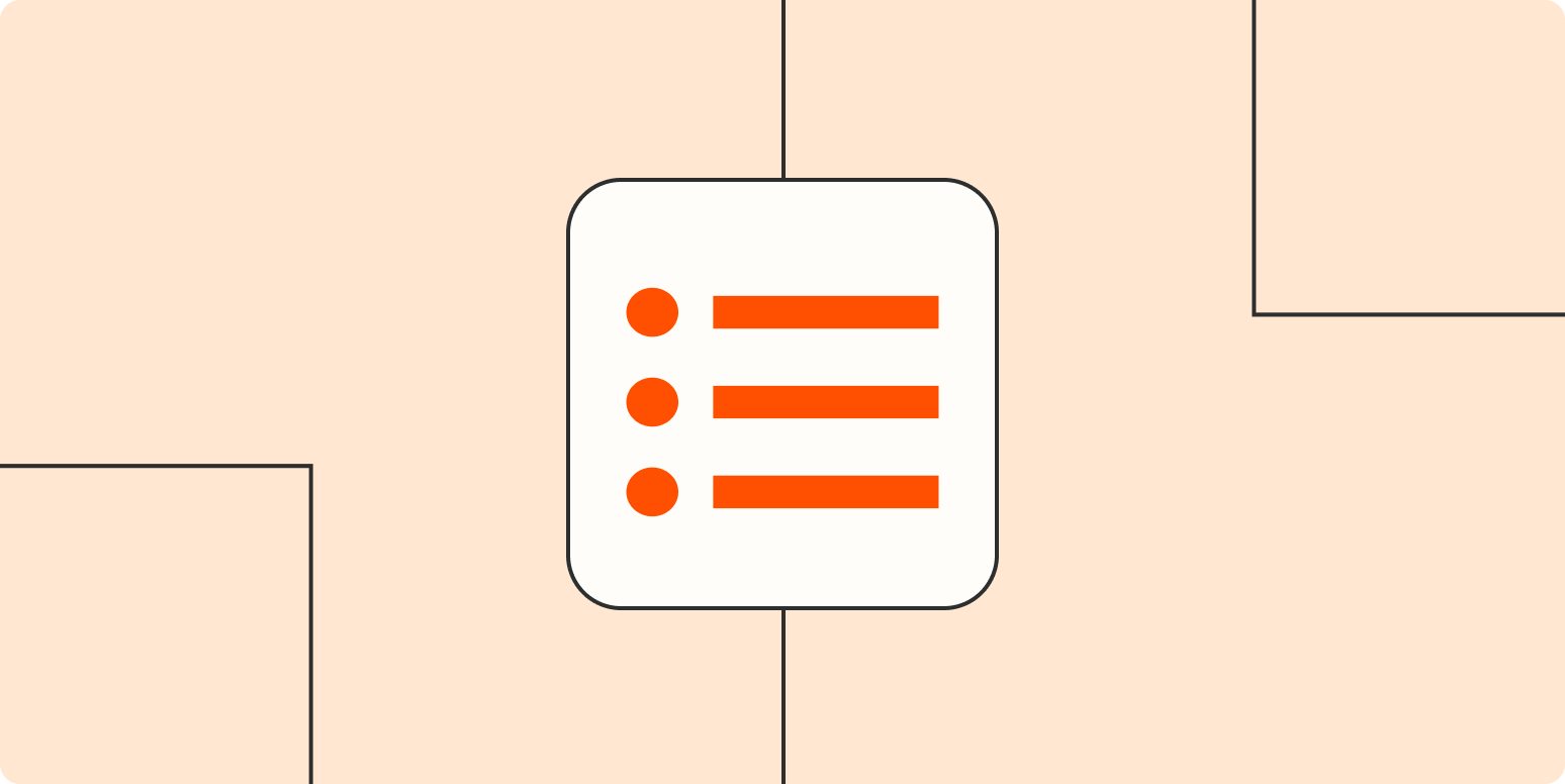 An icon representing tasks in a list in a white square on a light orange background
