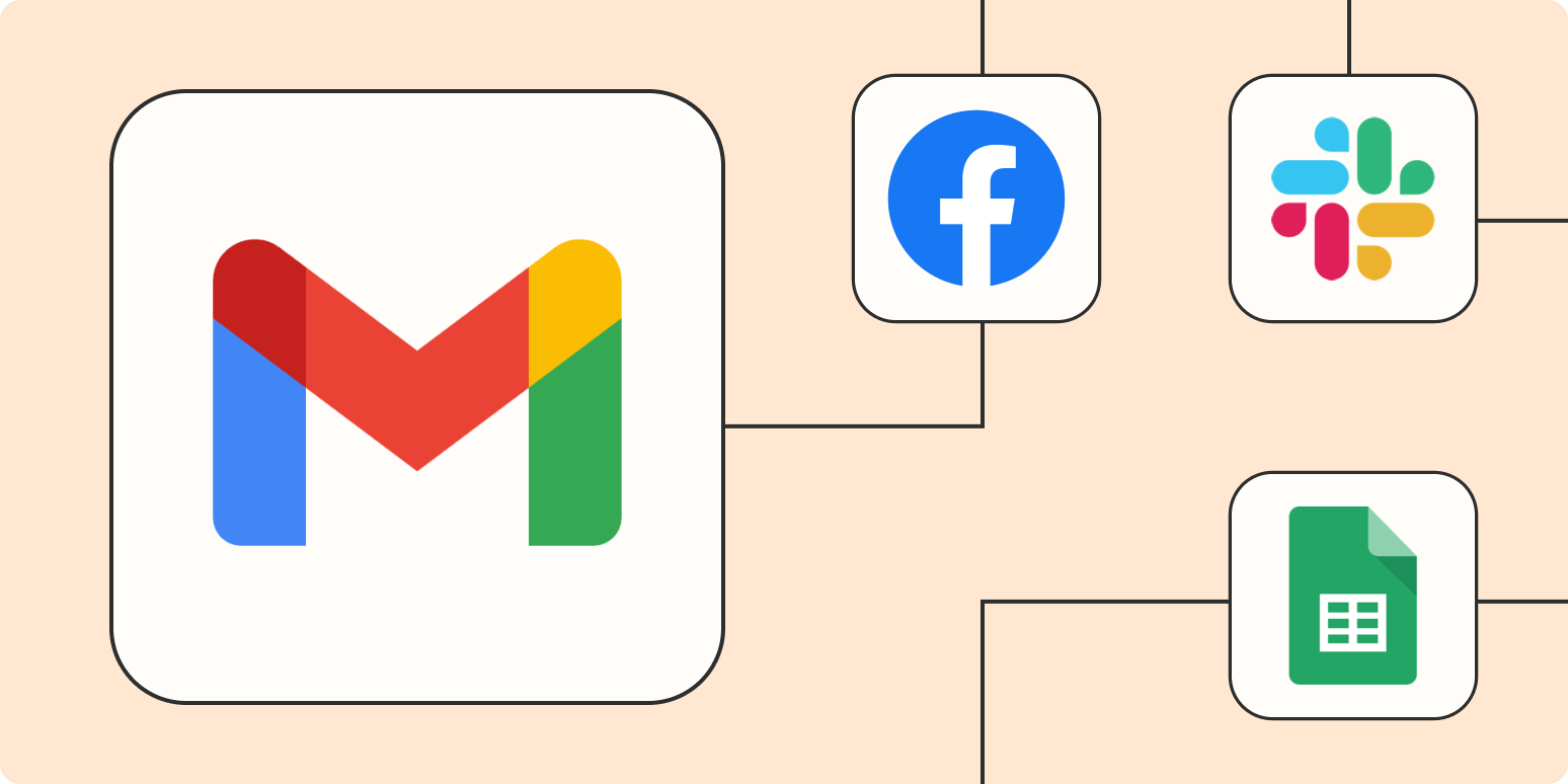 Gmail logo that connects with Facebook Lead Ads Slack and Google Sheet logos