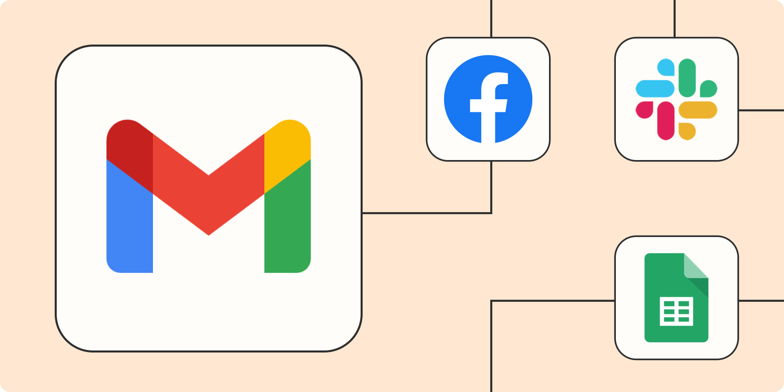 Gmail logo that connects with Facebook Lead Ads, Slack, and Google Sheet logos.