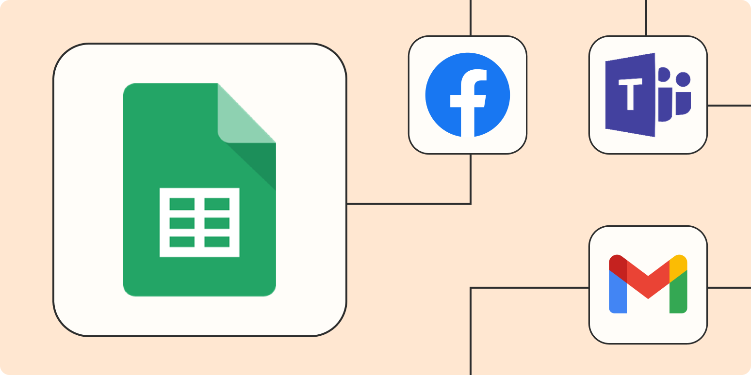 Hero image with the Google Sheets logo connected to the the logos of Facebook Gmail and Microsoft Teams with dots