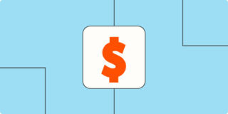 A dollar sign in a white box on a light orange background.