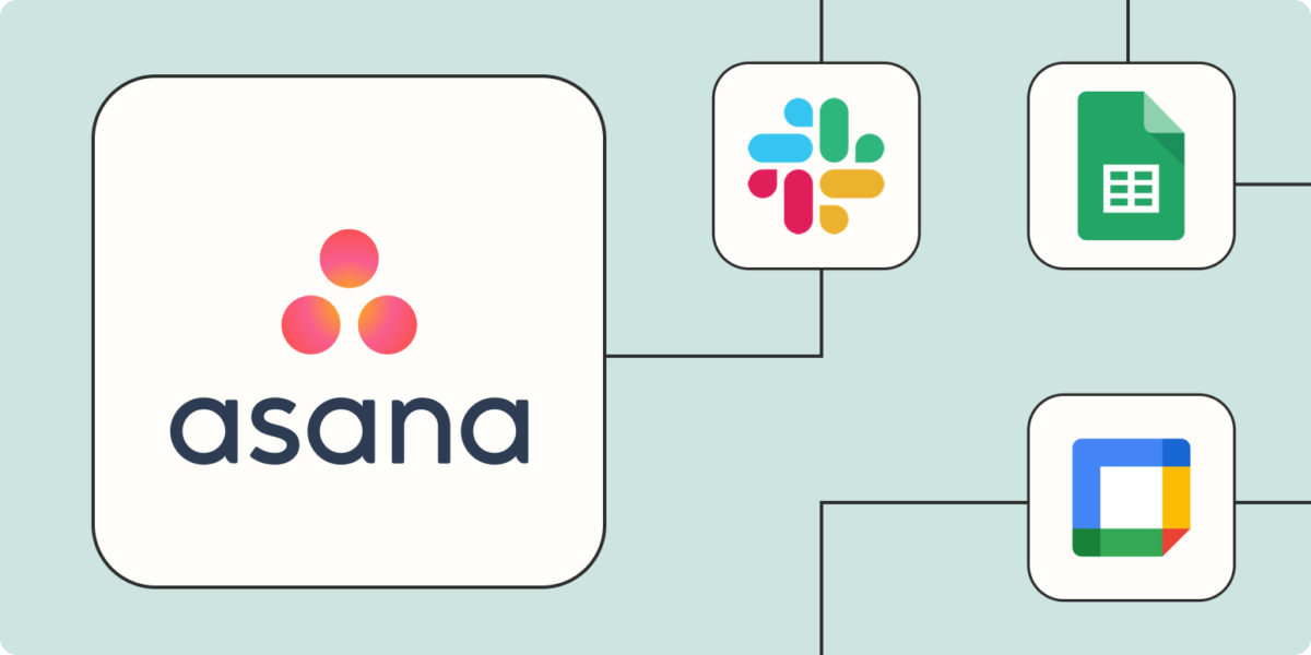 Hero image with the Asana app logo connected to other app logos by black lines on a light blue background.