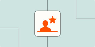 Hero image with an orange icon of a person with a star on a light blue background.