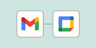 Hero image of the Google Calendar app logo connected to the Gmail app logo by a black line on a light blue background.