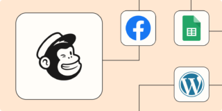 Hero image with the Mailchimp logo connected by dots to the logos of Facebook, Google Sheets, and WordPress