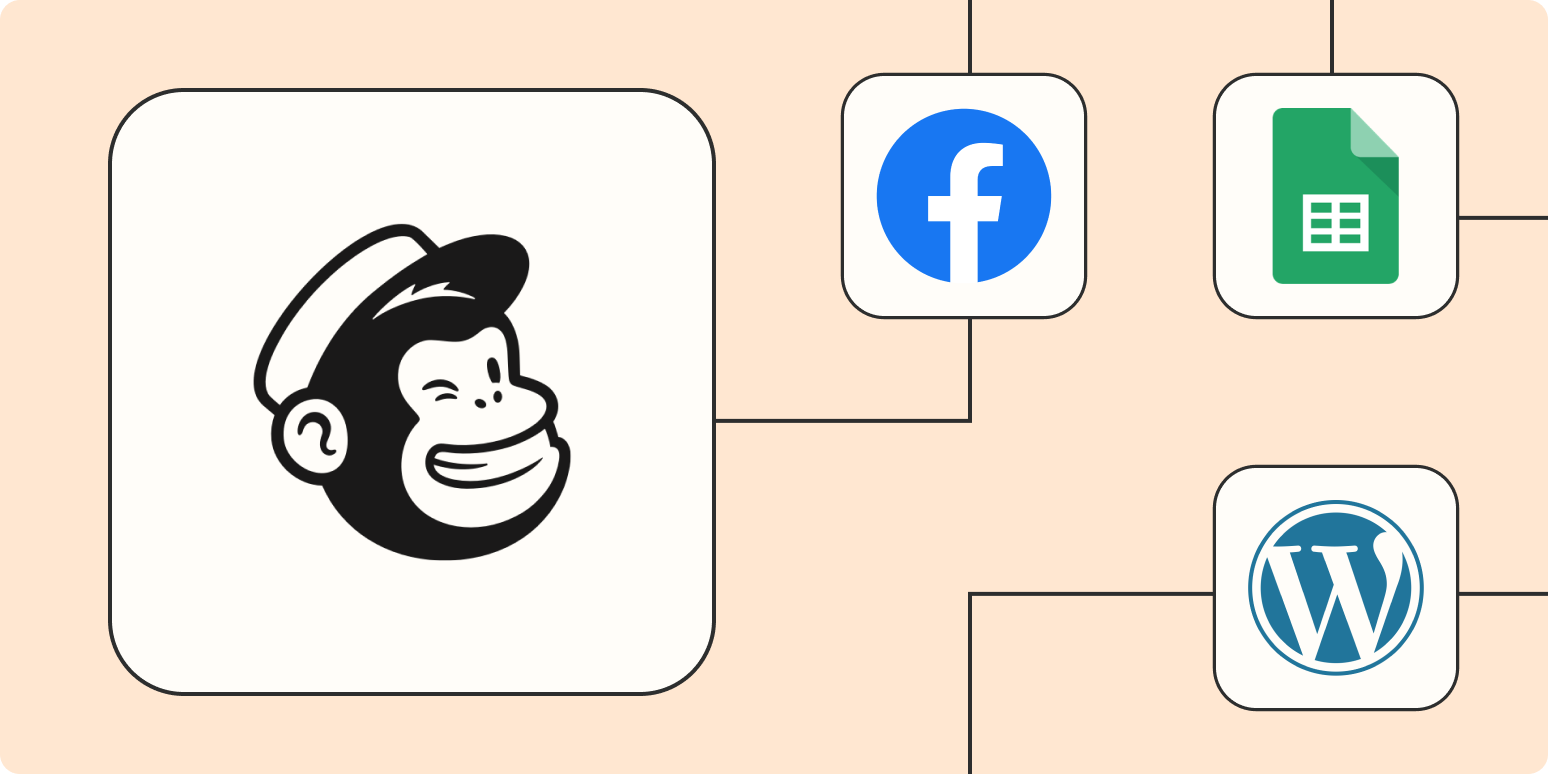 Hero image with the Mailchimp logo connected by dots to the logos of Facebook Google Sheets and WordPress