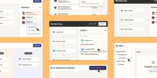 A simplified user interface design representing a portion of Zapier's platform. There's a vertical menu of platform options. At the top is a dominant orange button with text inside that reads 'Create Zap.' Beneath the button is a stack of menu icons to represent dashboard, Zaps, and Transfers.