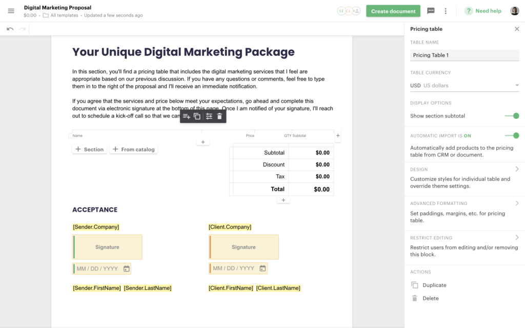 UI showing how you can design a document in PandaDoc