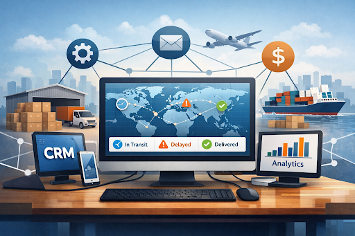 Centralized shipment visibility dashboard showing global parcel tracking integrated with business software systems