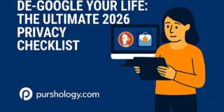 Illustration of a person holding a tablet beside a monitor showing privacy icons, with the headline about a 2026 privacy checklist and pursology.com logo.