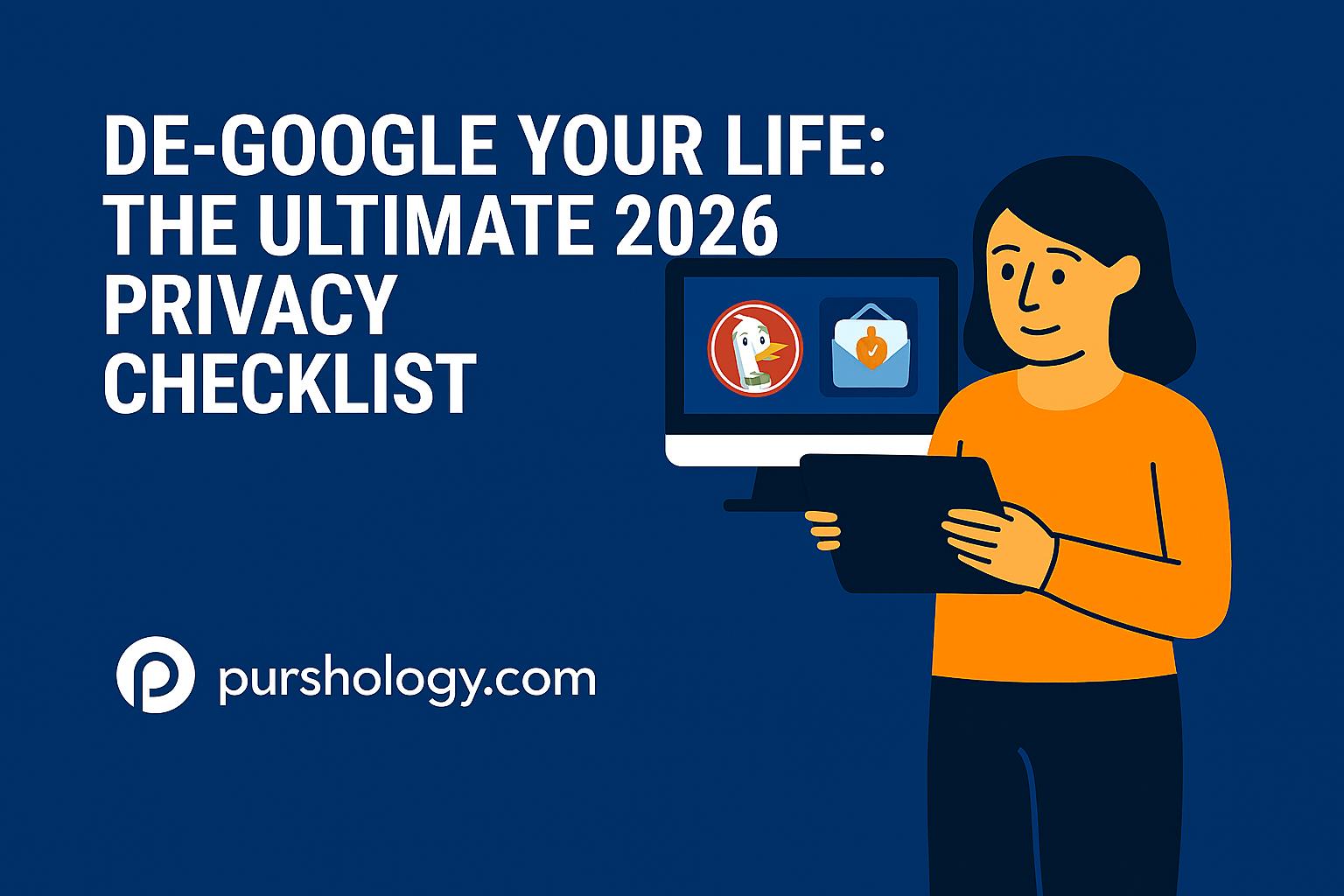 Illustration of a person holding a tablet beside a monitor showing privacy icons, with the headline about a 2026 privacy checklist and pursology.com logo.