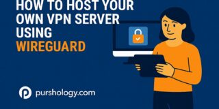 Illustration of a person holding a tablet beside a monitor showing a lock, with the title 'How to Host Your Own VPN Server Using WireGuard' on a blue background (pursology.com).