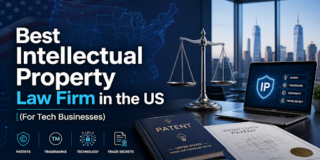 Banner advertising the best intellectual property law firm for tech businesses, with scales of justice, patent documents, and a laptop showing an IP shield against a city skyline.